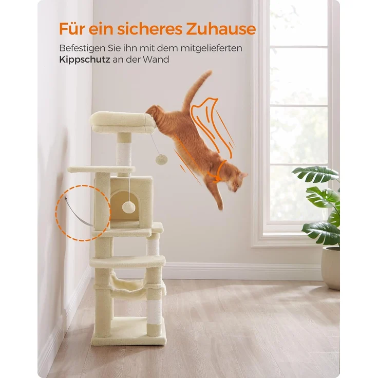 Feandrea Kratzbaum, 112 cm hoch, Katzenbaum, mehrstöckiges Katzenhaus, mit 4 Kratzsäulen, 2 Plattformen, Hängematte, Höhle, beige PCT261M01 – Bild 9