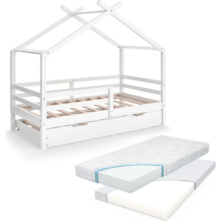 Hausbett Luni Weiß 160 x 80 cm mit ausziehbarem Gästebett und Matratzen Vitalispa – Bild 1