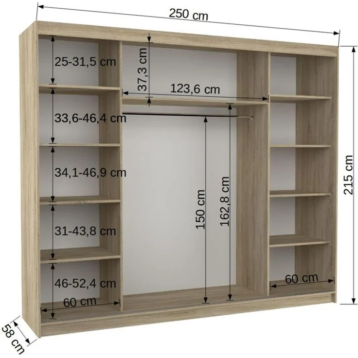 Schiebetürenschrank Schrank Nr. 520 in Weiß- Sonoma Eiche Spiegel 250 x 215 x 58 cm – Bild 3