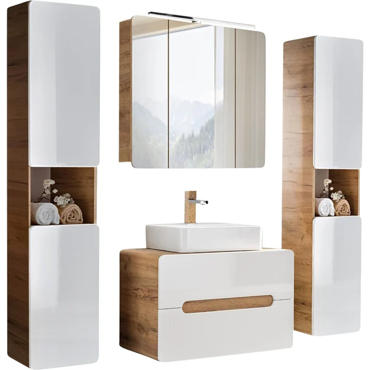 Badezimmer Set mit LED-Spiegelschrank & Keramik Waschtisch LUTON-56 in Hochglanz weiß mit Wotan Eiche Nb, B/H/T ca. 180/200/46 cm – Bild 10