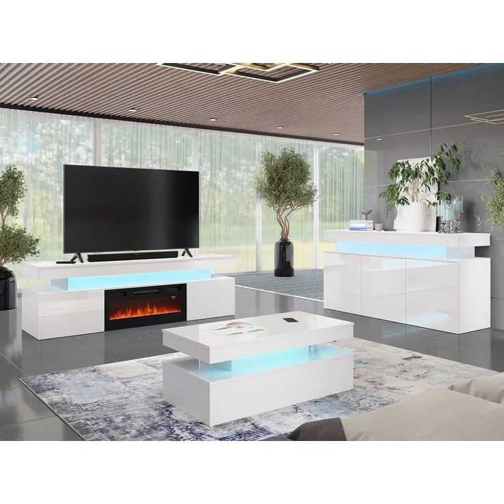MIRJAN24 Wohnzimmer-Set Glossa II, (3er-Set, Kommode, TV-Lowboard mit Kamin, Couchtisch), mit blauer LED-Beleuchtung – Bild 2