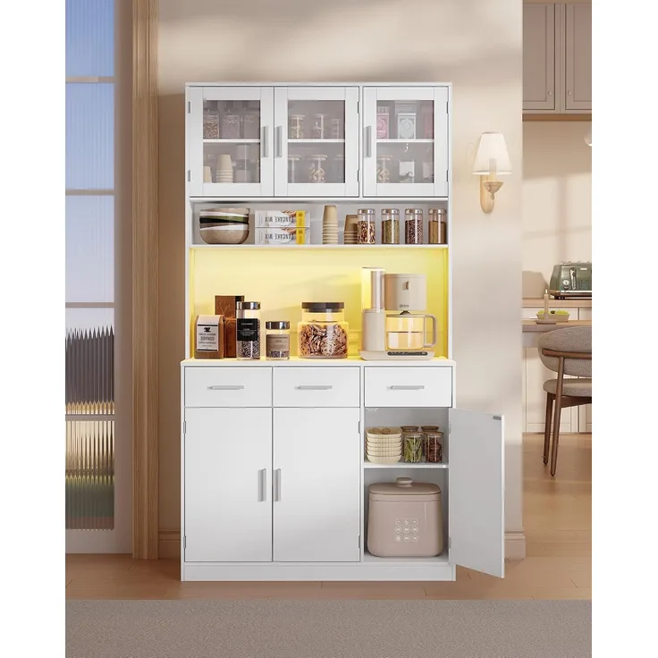 Buffetschrank, Küchenschrank mit 3 Schubladen, Hochschrank mit Steckdosenleiste und LED-Beleuchtung, 3 Schranktüren mit Glasfront, Küche, Wohnzimmer, 40 x 100 x 190 cm, Weiß