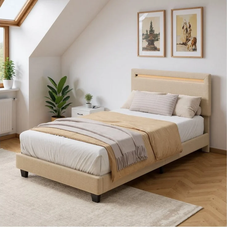 Bealife Polsterbett lsterbett Einzelbett,Bettgestell mit Kopfteil, Lichtleiste (2 Modelle (90x200, 120x200) – Bild 3