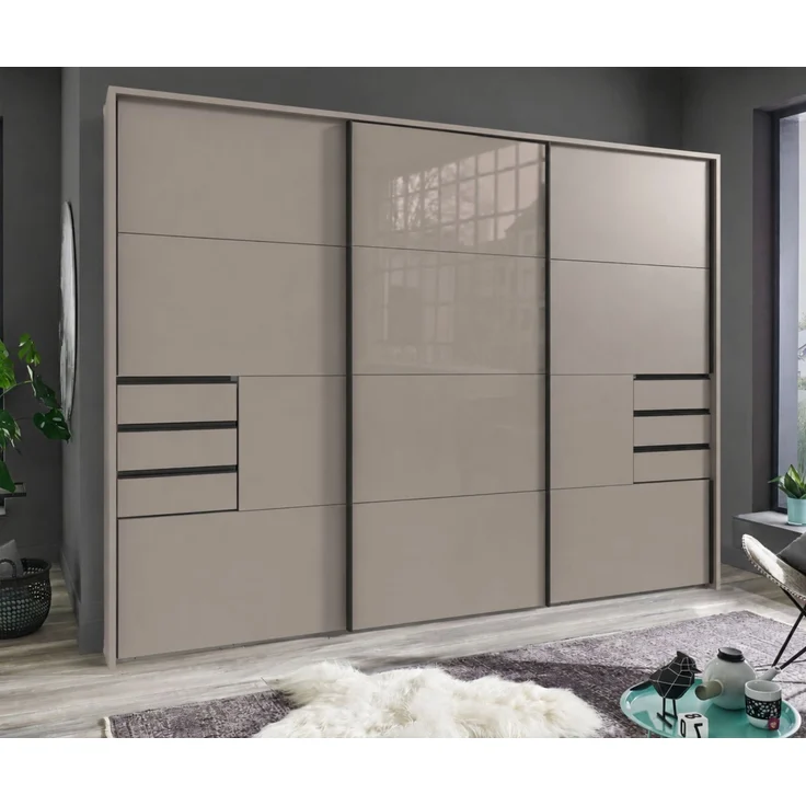 Schwebetürenschrank Kleiderschrank 3-trg 273cm Sandgrau, Glasfront Passepartout – Bild 3