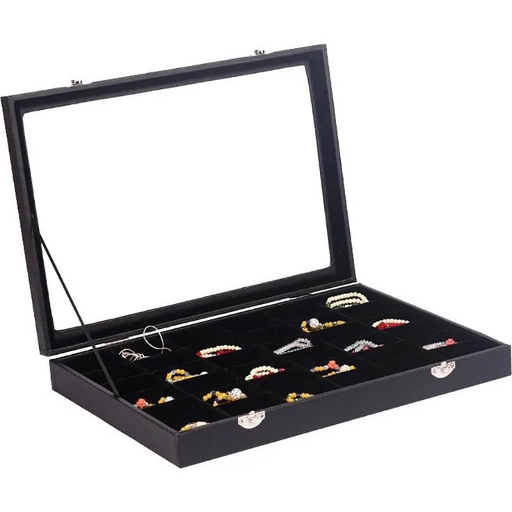 Sinoba Schmuckkasten Schmucklade Schmuckkästchen Schmuckbox für Ringe Ketten Ohrringe, Holz-Korpus, Velours-Bezug, mit Echtglas-Deckel