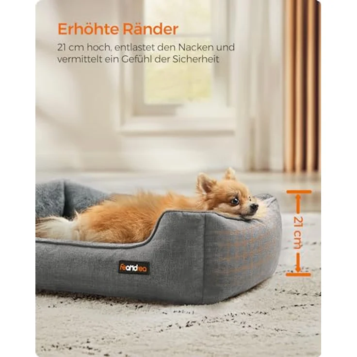Feandrea Hundebett, Hundekissen in Leinenoptik, Hundekorb, erhöhte Ränder, rutschfeste Unterseite, Bezug abnehmbar waschbar, M, für kleine Hunde, 70 x 55 x 21 cm, hellgrau PGW10GG – Bild 4