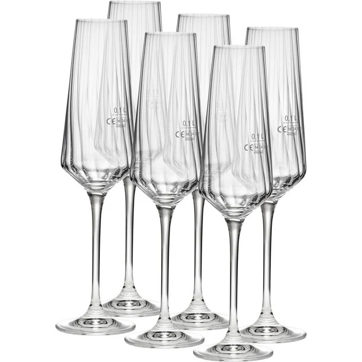 van Well Sektglas Eva, Sektgläser 20 cl geeicht, 6 Stück, 6-tlg, Kristallglas, Relief-Optik, spülmaschinengeeignet