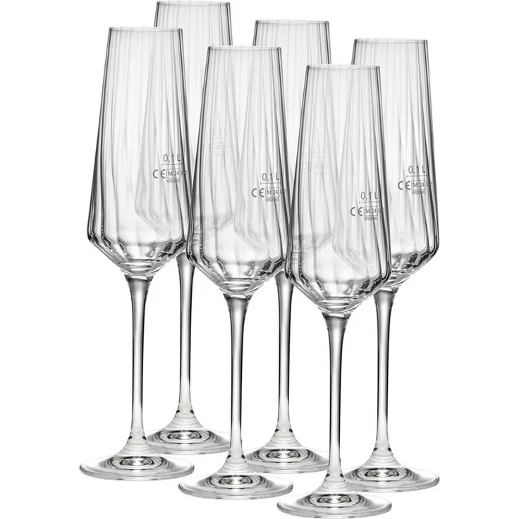 van Well Sektglas Eva, Sektgläser 20 cl geeicht, 6 Stück, 6-tlg, Kristallglas, Relief-Optik, spülmaschinengeeignet