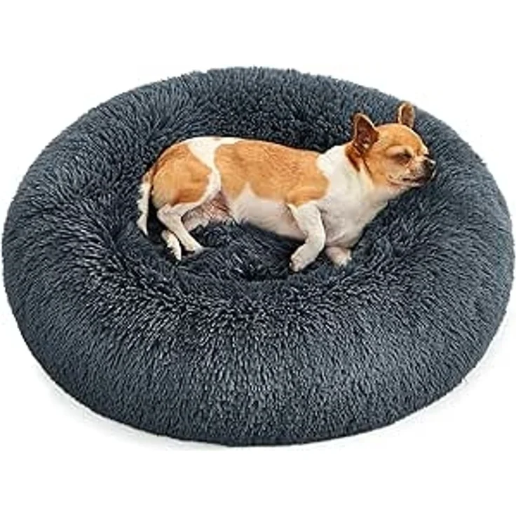 Feandrea Hundebett flauschig, Katzenbett, Donut Kissen, waschbar, Polsterung in der Mitte herausnehmbar, langer Plüsch, 60 cm Durchmesser, dunkelgrau – Bild 1