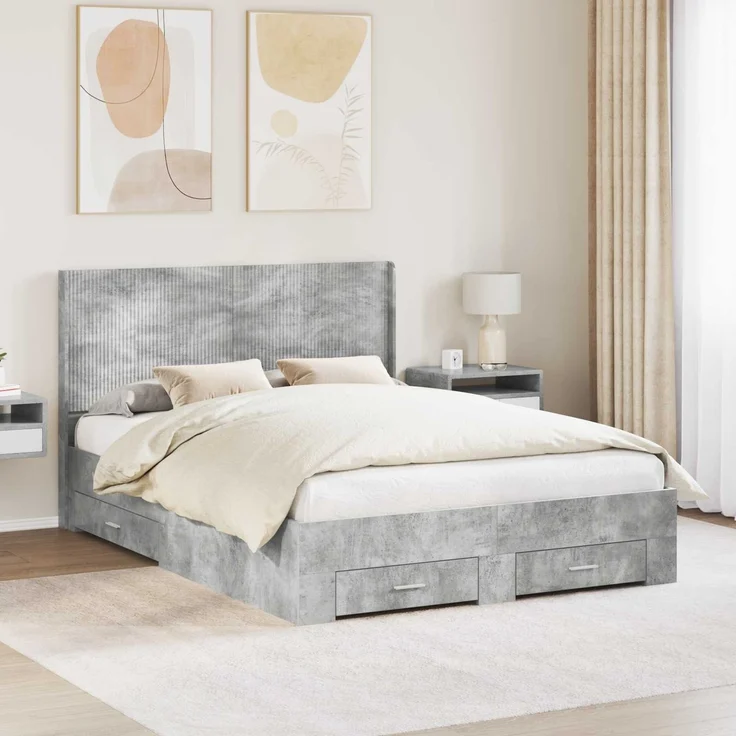 vidaXL Bettgestell mit Stauraum und Kopfteil Betongrau Holzwerkstoff 3414136 – Bild 1