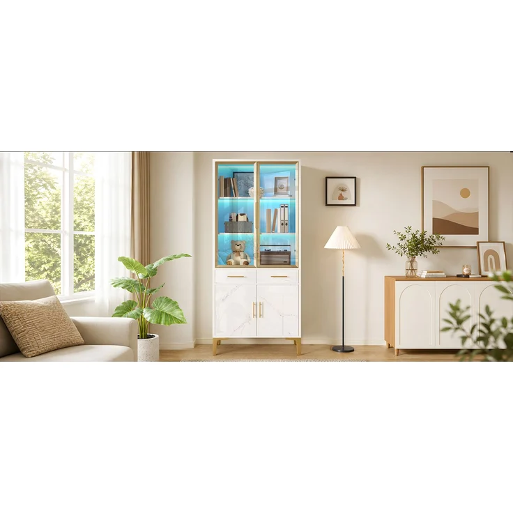 ZUBALIYA Vitrine, mit Schubladen, mit Stauraum, mit LED-Beleuchtung, mit App-Steuerung, H 170 × T 38 × B 75 cm, Weiß, MDF / Spanplatte – Bild 11