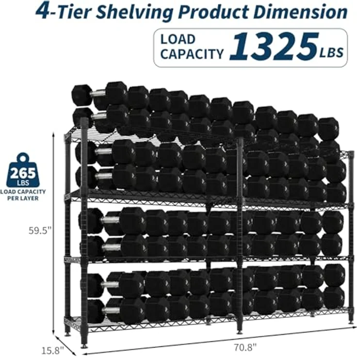 GarveeHome Schwerlastregal, Metallregal 4 Regalböden Je 120 kg Belastbar, Lagerregal 150x35x151(h) cm, Drahtregale Kellerregal Max. Gewicht 480kg, Höhenverstellbar Und Nivellierfüßen – Bild 2