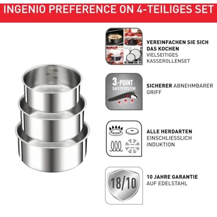 Tefal Ingenio Preference On 4-teiliges Kasserollenset, 16/18/20 cm, Topfset abnehmbarer Griff, Topfset Induktion stapelbar, platzsparend, einfache Handhabung und Reinigung, Edelstahl, L898S3 – Bild 3