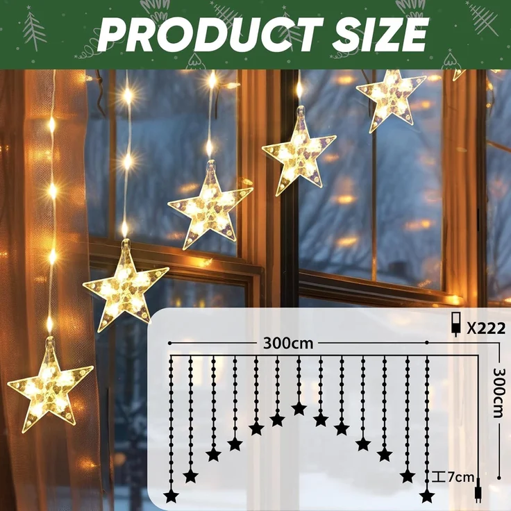 SALCAR 3m LED Sternen Lichtervorhang, 222 LED mit 16er Stern LED Lichterkette Sterne, Fenster Deko LED Stern mit timer, Weihnachtsbeleuchtung für Weihnachten Balkon Party Hochzeit - Warmweiß – Bild 3