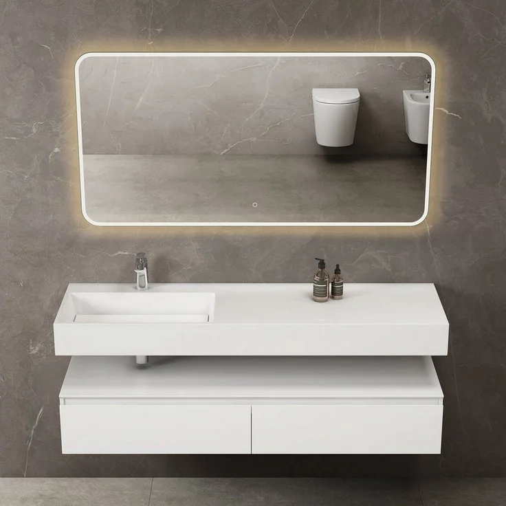 doporro Waschbeckenunterschrank Badmöbel Set Holzstruktur Schubladen Unterschrank Soft-Close MDF UP – Bild 3