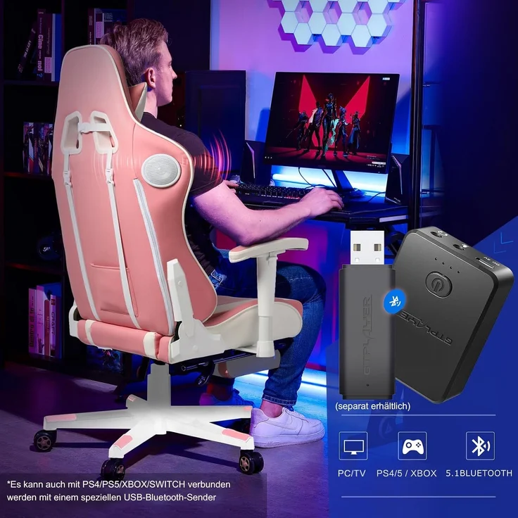 GTPLAYER Gaming Stuhl Gamer Stuhl mit Fußstütze Bluetooth Lautsprecher Ergonomischer Bürostuhl Computerstuhl Schreibtischstuhl PC Stuhl mit verstellbare Rückenlehne 150 kg Belastbarkeit pink – Bild 3