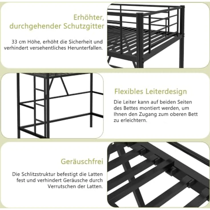 VECELO Hochbett 90 x 200 cm aus Metall, mit beidseitig montierbarer Leiter, hohem Sicherheitsgeländer, 150 cm Bodenfreiheit, geräuschfreie, platzsparend für Jugendliche und Erwachsene, Schwarz – Bild 5