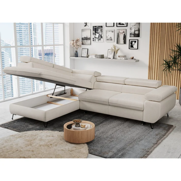 Mks Möbel 'Peter L-form' Ecksofa mit Bettfunktion, Bettkasten & einstellbaren Kopfstützen, Hellbeige, Mikrofaser, mit Topper, links – Bild 3