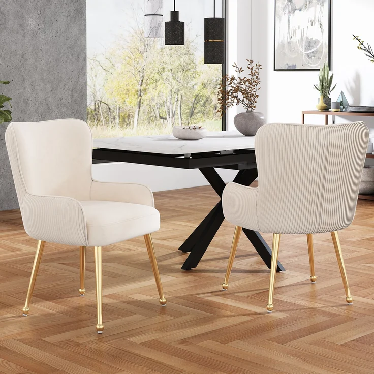Samt Beige Esszimmerstuhl 2er Set,ergonomischer Lendenstütze, 10 cm dicker Sitzpolsterung, höhenverstellbaren Gold Metallbeinen – Bild 3