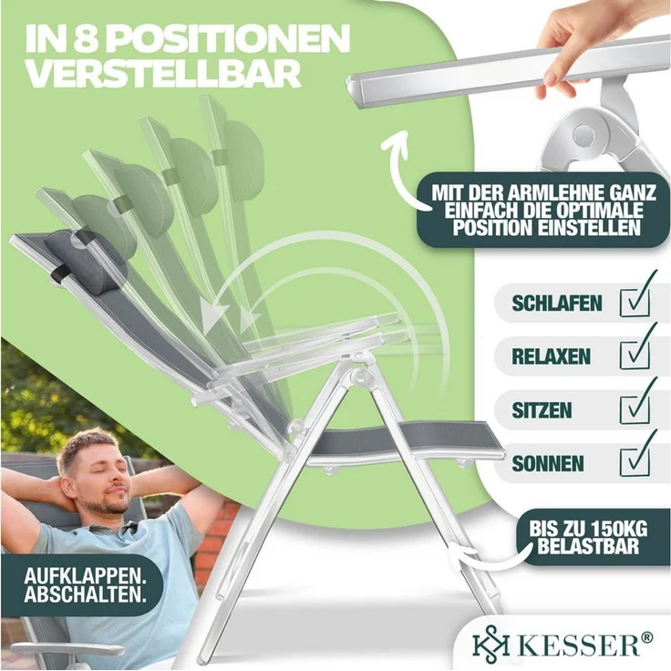 KESSER® Gartenstuhl Hochlehner mit Armlehnen | Aluminium Klappstuhl inkl. Kopfkissen Campingstuhl 7-Fach Verstellbar Rückenlehne | Atmungsaktiv & Wetterfest | Klappbar & Anti-Rutsch Hellgrau, 6 Stück – Bild 3