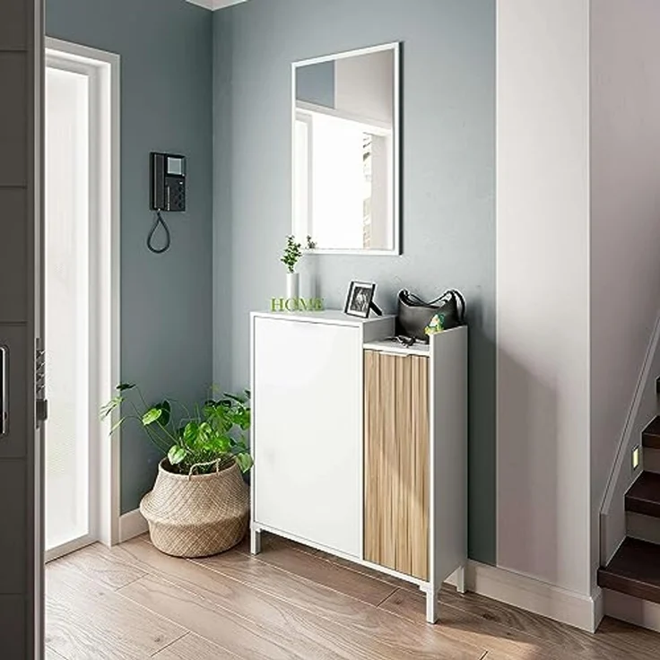 Habitdesign, Garderobe mit Schuhschrank und Spiegel – platzsparendes Flurmöbel in Artik weiß und Natur für den Eingangsbereich, modernes Design, Maße: 77 x 91 x 24 cm (B x H x T), Modell Ethna – Bild 7
