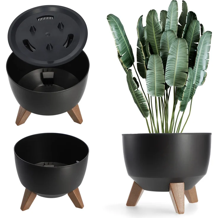 KADAX Blumentopf Blumentopf 24 cm Abdeckung + Einsteckbeine Blumenständer Schwarz – Bild 1