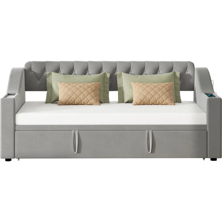 Schlafsofa Samt mit Staufächern & USB-C, 90/180x190 cm grau – Ausziehbares Kingsize Bett, hydraulisch, Sofabett – Bild 8