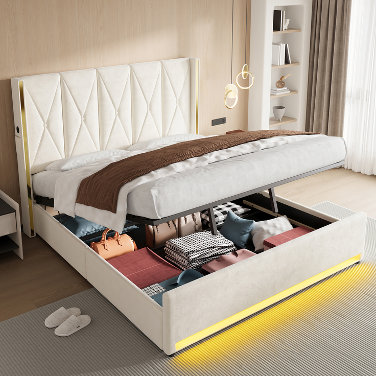 LVHOM Polsterbett mit Stauraum, Doppelbett mit LED, USB-Anschlüsse und Seitentaschen, Funktionbett, 180x200 cm, Beige