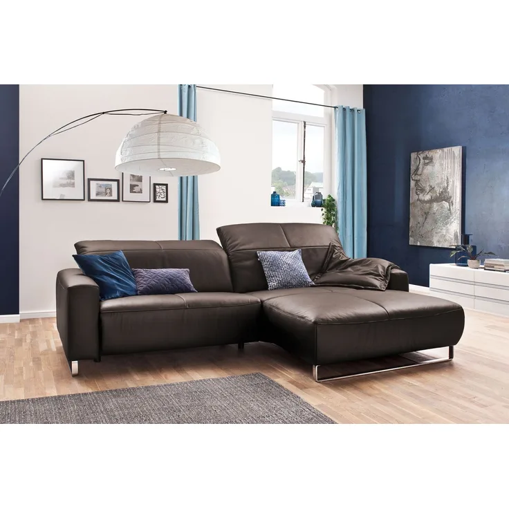 KAWOLA Sofa YORK Leder Life-line elephant Rec rechts Fuß Metall Chrom matt mit Sitztiefenverstellung 85 x 180 x 284 cm