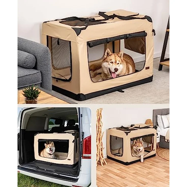 lionto Hundetransportbox, Faltbar, für Reise & Auto, 101x69x70 cm, Beige | Stabile Hundebox aus Stoff mit Netzfenstern, Tragegriffen, weicher Decke & Taschen, für Katzen & Hunde bis 25 kg geeignet – Bild 2