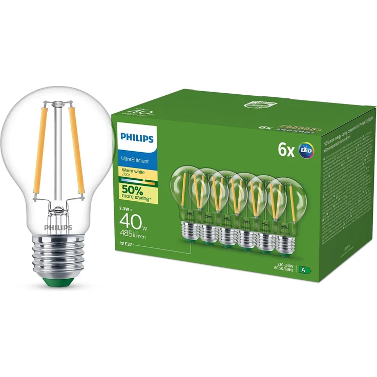 Philips Ultra Efficient LED Glühbirne, Energieeffizienzklasse A, mit E27 Sockel, 40 W, klar, warmweiß 2700 K, 6er Pack, Weiß – Bild 1