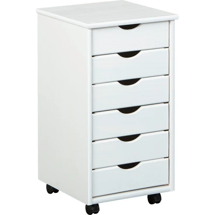 MID.YOU Rollcontainer Interlink Simon, Weiß, aus massivem Kiefernholz, 6 Schubladen, 35x65x40 cm, mit 4 Universalrollen