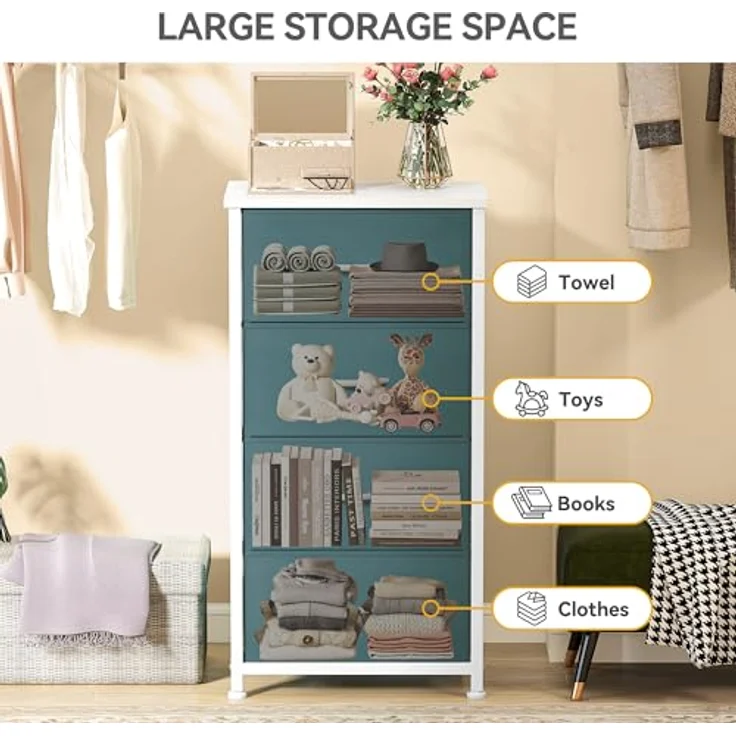 DWVO Kommode mit 4 Schubladen, Schrank aus Stoff mit Griffen, Metallgestell & MDF-Holzplatte, langlebig, für Schlafzimmer & Wohnzimmer,Grün – Bild 6