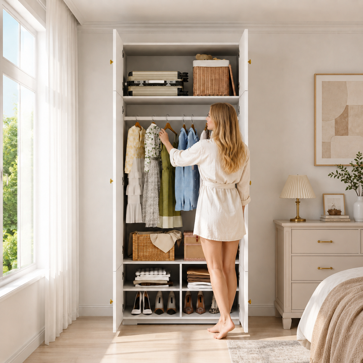 Abrihome Kleiderschrank Hochschrank, Weiß, 90x50x200 cm, 1 Kleiderstange, 5 Staufächer – Bild 3