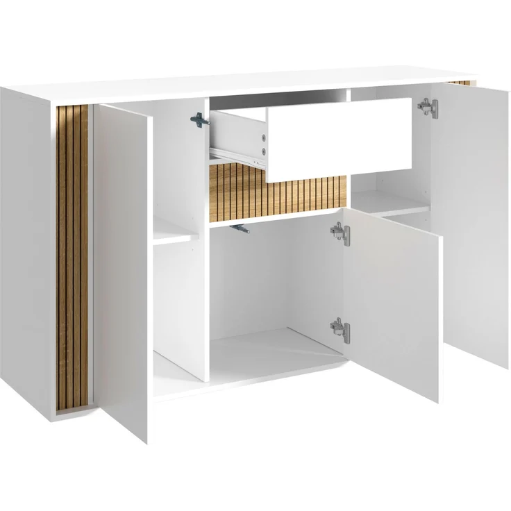 DESVIAE Sideboard Natur/Weiß aus Spanplatte – 140x82x40 cm – 3 Türen, Schublade, LED-Beleuchtung – Bild 8