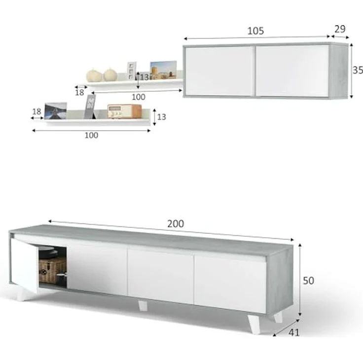 Dmora - Wohnzimmermöbel Vergennes, Wohnzimmerset, Mehrzweck-Wohnzimmermöbel, Moderne Aufbewahrungswand, 200 x 41 x 50 cm, Zement und glänzendes Weiß – Bild 4