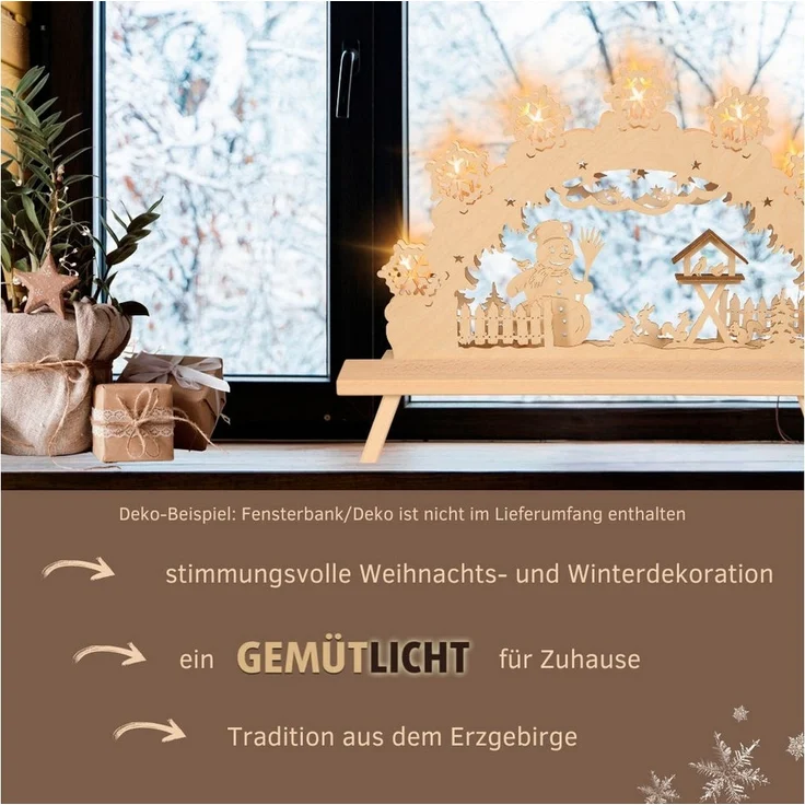 Weigla Schwibbogen Schneemann, Lichterbogen aus Holz NATUR-BRAUN, Made in Germany (1-tlg), Erzgebirge garantiert, Weihnachtsdeko Innen, Weihnachtsbeleuchtung – Bild 3