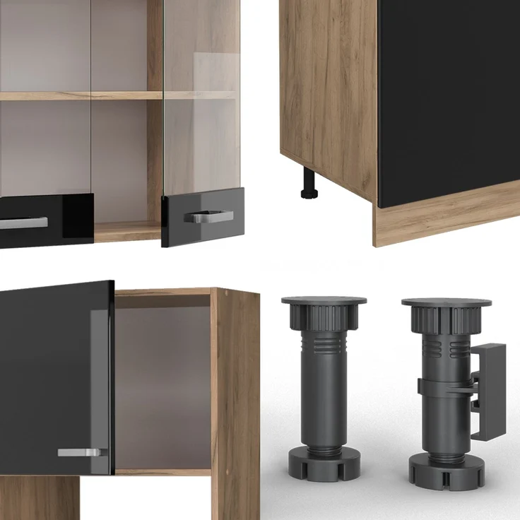 Küchenzeile R-Line Schwarz Hochglanz/Goldkraft Eiche 300 cm mit Hochschrank, AP Anthrazit Vicco – Bild 5