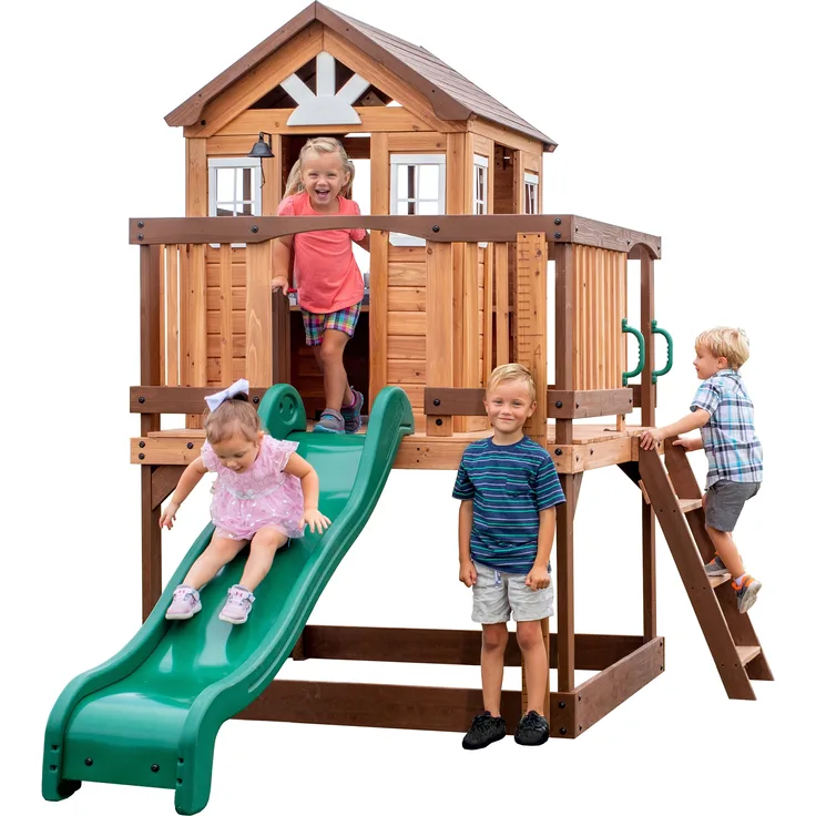 Backyard Discovery Spielhaus Echo Heights mit grüner Rutsche, Sandkasten & Veranda Stelzenhaus in Braun aus Holz für Kinder | Braun, grün | Holz | 310 cm