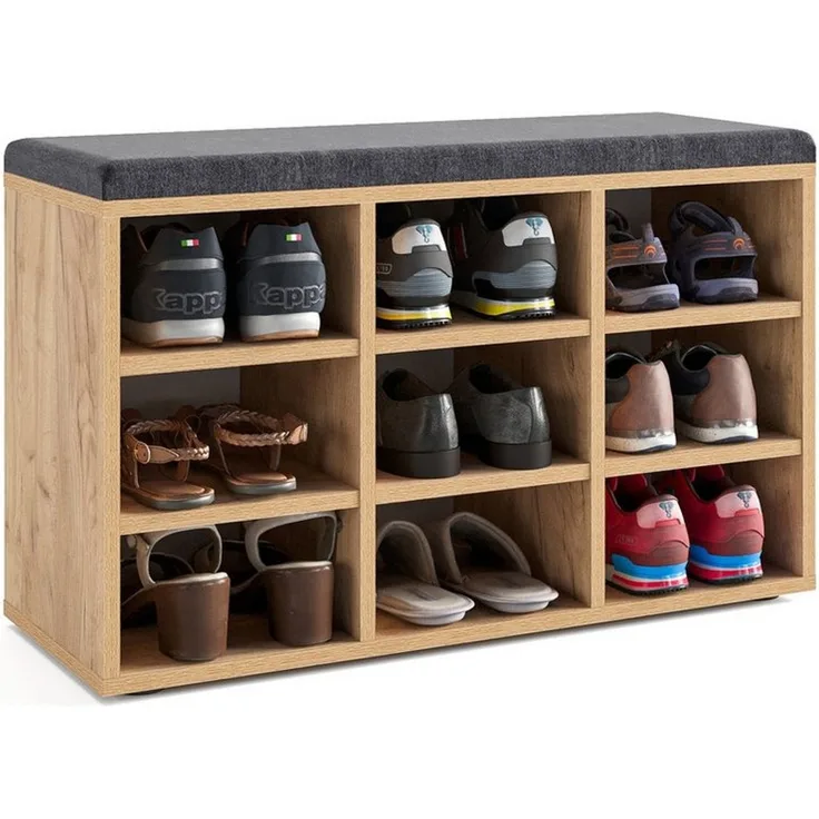 KOMTO Schuhbank mit Sitzfläche - Schuhregal Honig Eiche 80 x 50 x 30 cm Schuhschrank mit Sitzbank Flur Bank mit Stauraum Garderobenbank Sofia