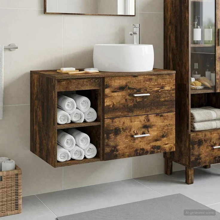vidaXL Wandmontiertes Badezimmermöbel-Set 2 stk. Geräucherte Eiche 3403924 – Bild 1