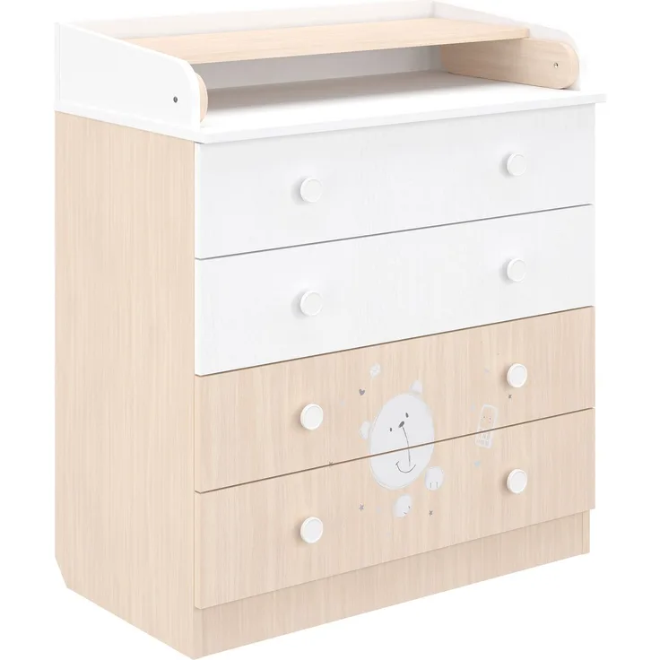 Shefa Kids Wickelkommode 800 Teddy, Weiß-Pastell Eiche, 4 Schubladen, 80 cm Breite