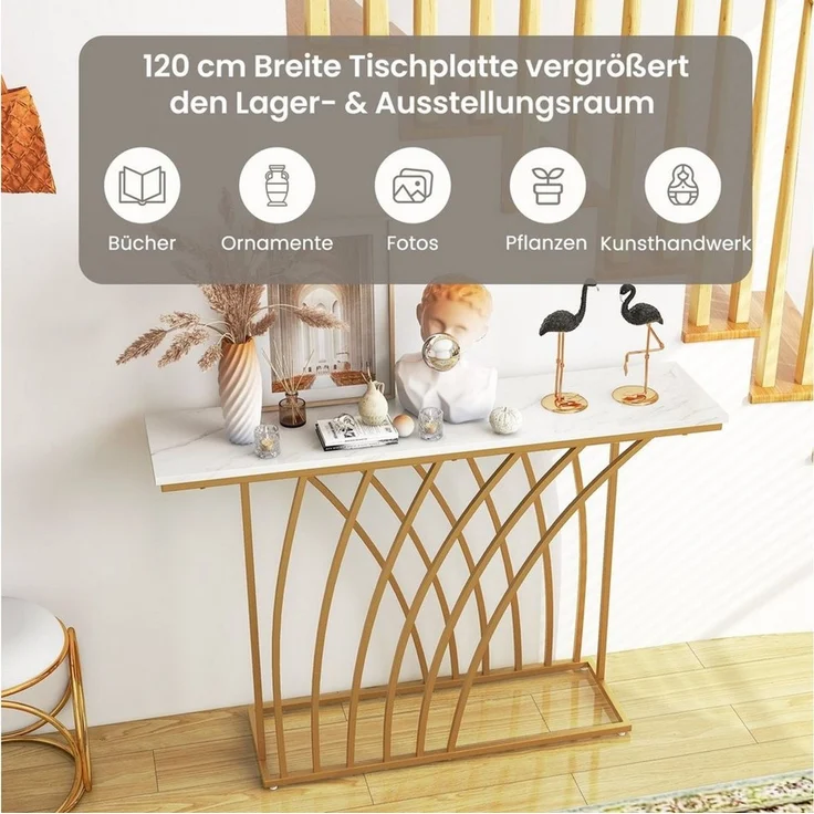 COSTWAY Konsolentisch, schmal, geometrischer Metallrahmen, Marmor, 120cm gold – Bild 2