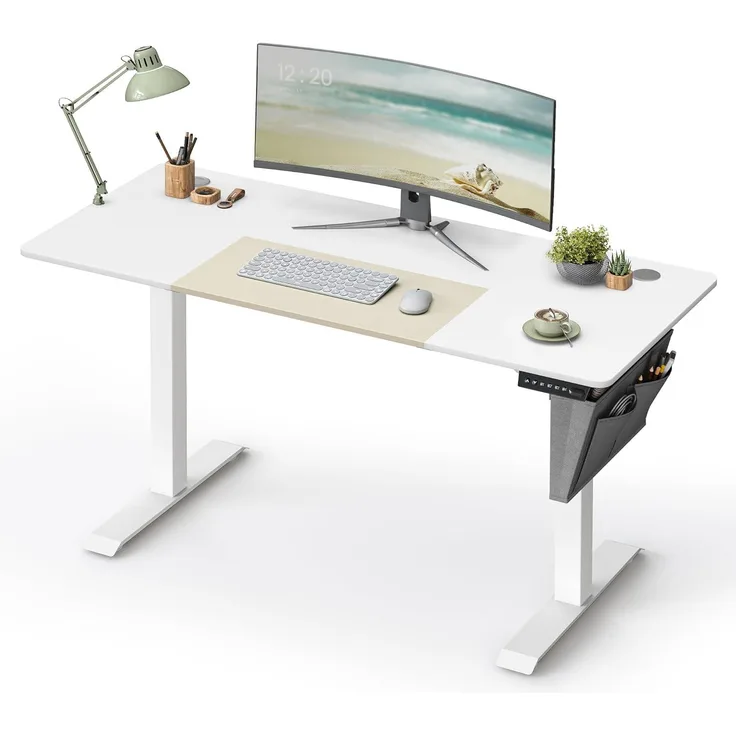 SONGMICS Höhenverstellbarer Schreibtisch elektrisch, 60 x 140 x (72-120) cm, stufenlos verstellbar, gespleißte Platte, Memory-Funktion mit 4 Höhen, Auffahrschutz, weiß LSD016W01