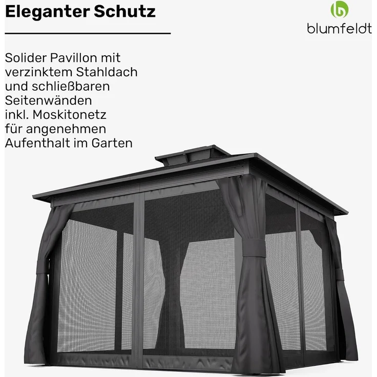 Blumfeldt Pavillon 3x3, Gartenpavillon Wasserdicht Stabil, Aluminiumrahmen & Verzinktes Stahldach, Inkl. Vorhänge & Moskitonetz, UV-Schutz, Wetterfest, Schwarz – Bild 3
