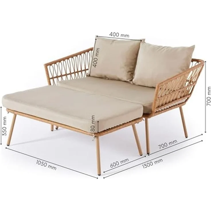Wohnando Gartenliege Gartensofa "Maike" modernes Loungesofa, Rattan, 126x116x67cm (BxTxH), 1 St, mit Auflage und Kissen grau beige, Gartensonnenliege, Gartenmöbel – Bild 2
