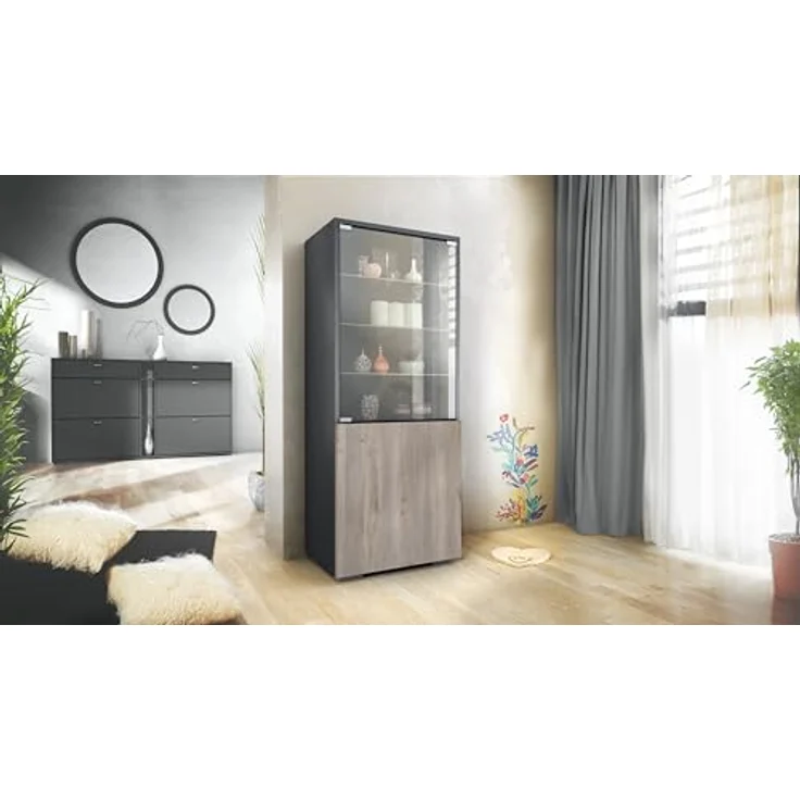 Vladon Standvitrine Granada (Vitrinenschrank, mit Glastür und Glaseinsatz) Anthrazit matt/Eiche Nordic (50 x 122,5 x 34,5 cm) – Bild 3