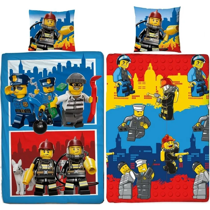 BERONAGE Kinderbettwäsche Lego City Bettwäsche Linon / Renforcé, 100% Baumwolle, 2 teilig, 135x200 + 80x80 cm