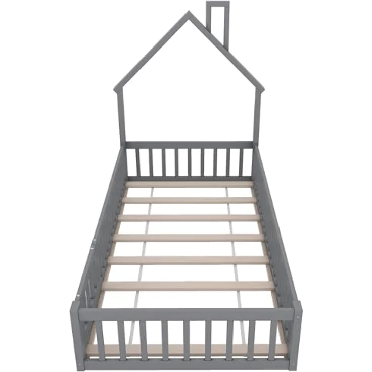 Ball & Cast Bodenbett (90x200 cm), Jugendbett und Hausbett mit Schornsteinform, Kinderbett 90x200 mit rausfallschutz, ohne Matratze, Grau – Bild 7