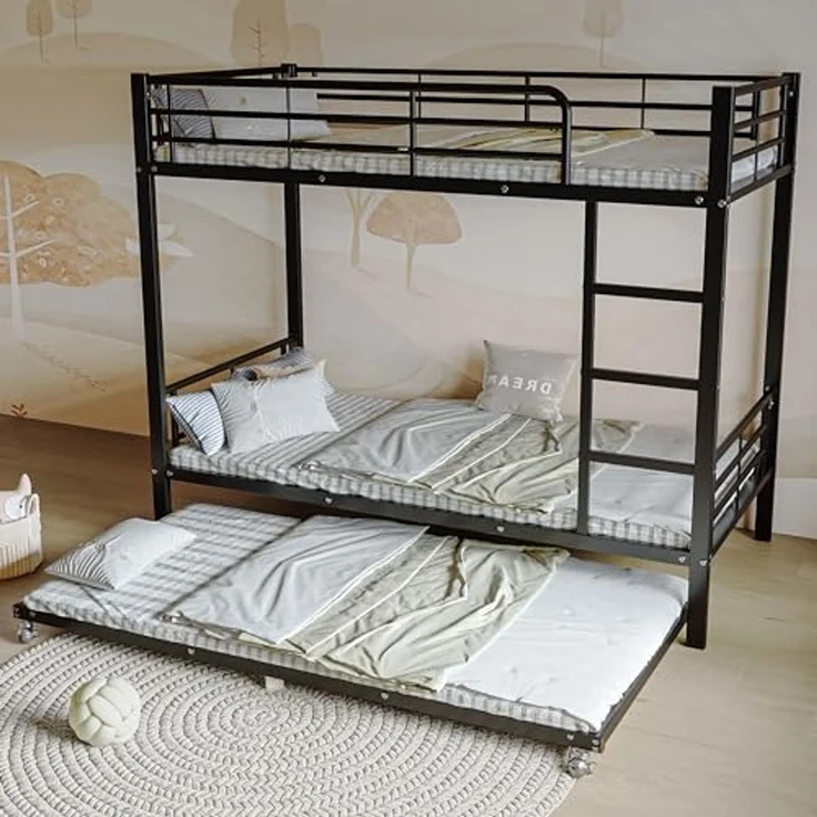 Ball & Cast Hochbett (90x200cm&90x190cm) Metall Kinderbett mit Absturzsicherung und Treppe, Etagenbett mit Ausziehbett für 3 Kinder, Schwarz – Bild 3